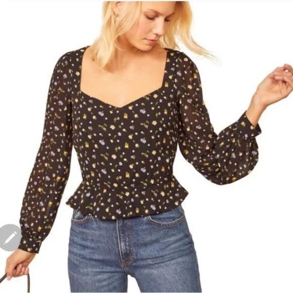 Reformation Valencia Top XS Black Floral Smocked Peplum 3/4 Bell Sleeve USA